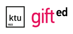 KTU GIFTed logotipas. gift raidės rožinės, ed raidės juodos. ktu logotipas juodas.