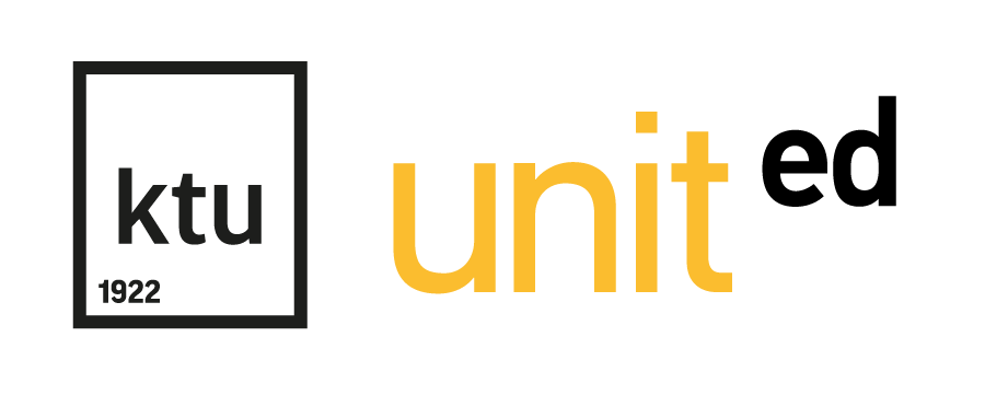 United ir ktu logotipai. Unit raidės geltona spalva, ed raidės juoda spalva. KTU juodos raidės ir 1922 metai juodame kvadrate.