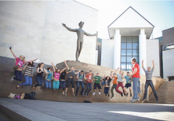 A group of students who jumped into the air at the M. Žilinskas Art Gallery.