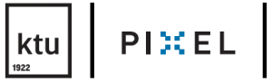 Juodas KTU ir Juodas su mėlynu fragmentu PIXEL logotipai.