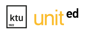 KTU logotipas, kvadratas su viduryje užrašu KTU ir 1922 ir united programos logotipas, unit parašyta geltona spalva ir ed juoda spalva