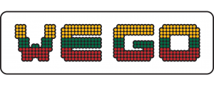 WE GO logotipas išmargintas Lietuvos vėliavos spalvomis (geltona, žalia, raudona)