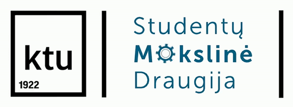 Juodas KTU ir Mėlynas Studentų mokslnės draugijos logotipai.