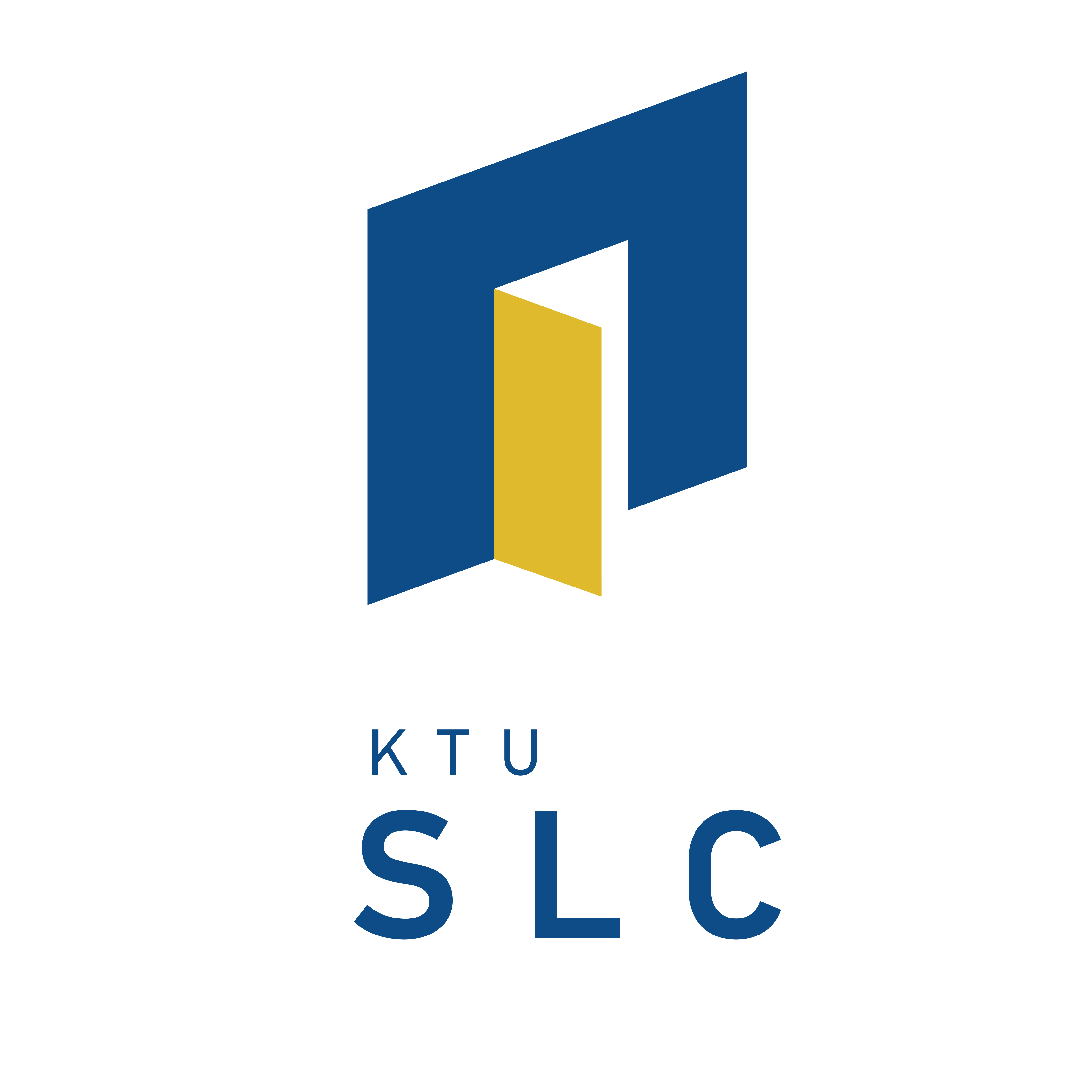 KTU SLC logotipas, mėlyno pastato atidarytos geltonos durys.