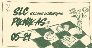 Gelsvame fone, žaliai nupieštas pikniko stalas su tekstu ir data.
