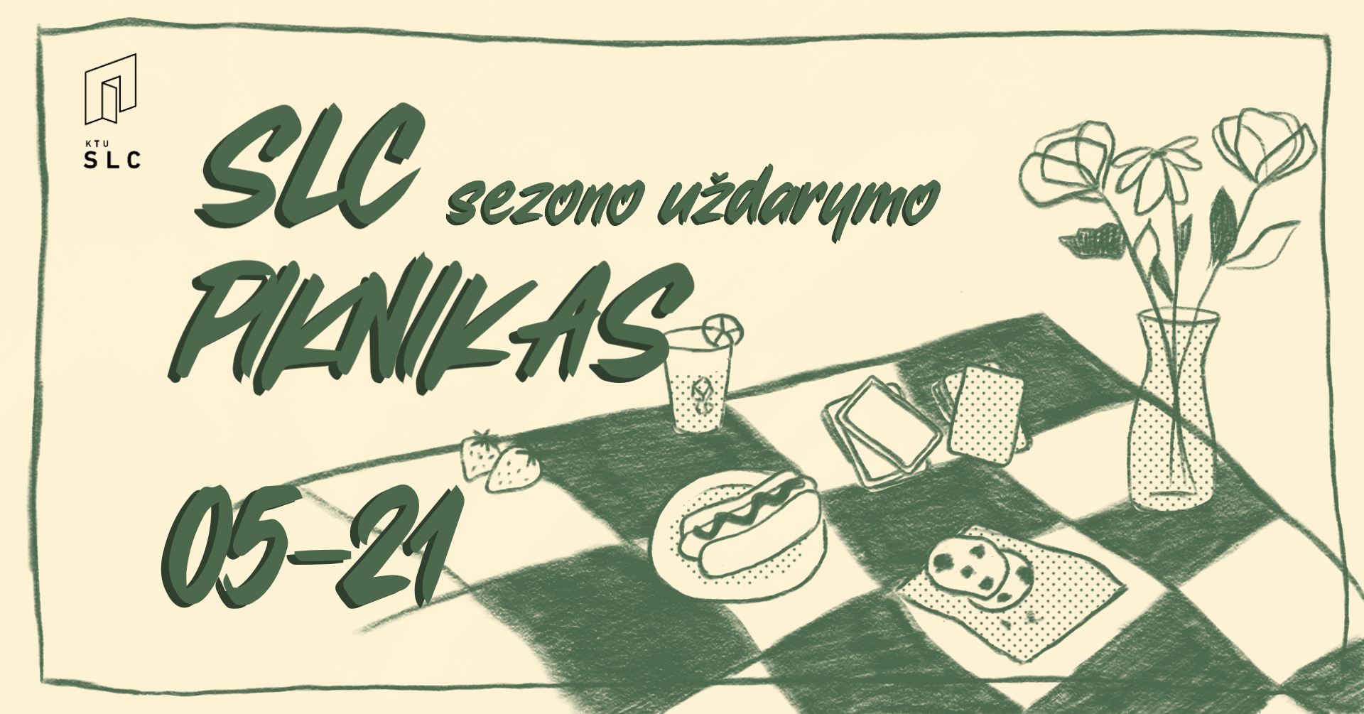 Gelsvame fone, žaliai nupie&scaron;tas pikniko stalas su tekstu ir data.