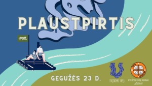 Plaustpirtis Mergina ir vaikinas apsirengia mėlynais šortais ir baltom maikutėm plaustu plaukia žalsva upe.