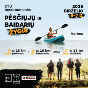 pėsčiųjų ir baidarių žygis Plakatas, kuriame pavaizduota mergina plaukianti baidare ir 4 stovintys žmonės su turistine apranga ir įranga, žiūrintys į miško horizontą.