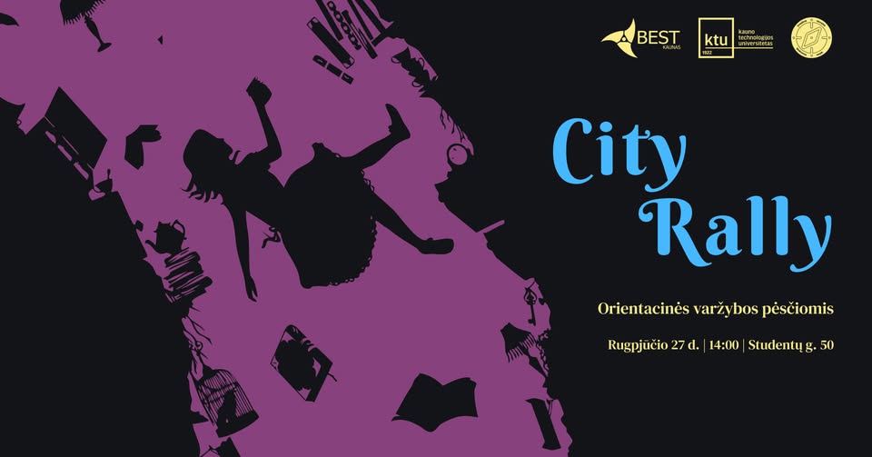 City Rally'26 Mergaitė bėga violetiniame fone, dešinėje pusėje matomas tekstas mėlyna ir geltona spalva.