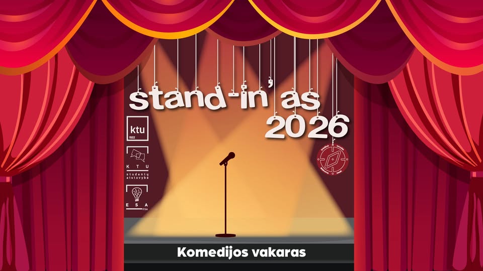 Stand-in viduryje mikrofonas, ant siūlų laikomas pavadinimas, apšviesta scena ir aplink raudonos užuolaidos scenos užsklandai.