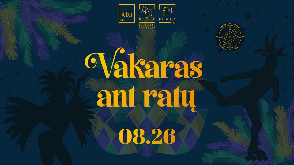 Vakaras ant ratų 2026 Viduryje geltonas tekstas, aplink tekstą žali medžių lapai, žmogaus važiuojančio riedučiais šėšėlis