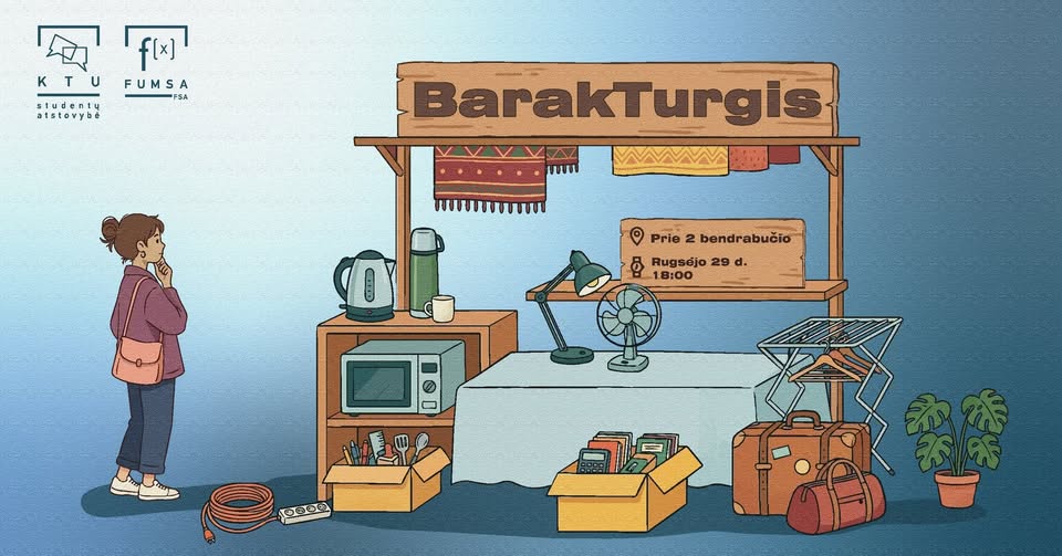 BarakTurgis rudos spalvos prekystalis su balta staltiesė, aplink prekystalį daug senų daiktų ir šalia stovi susidomėjusi mergina