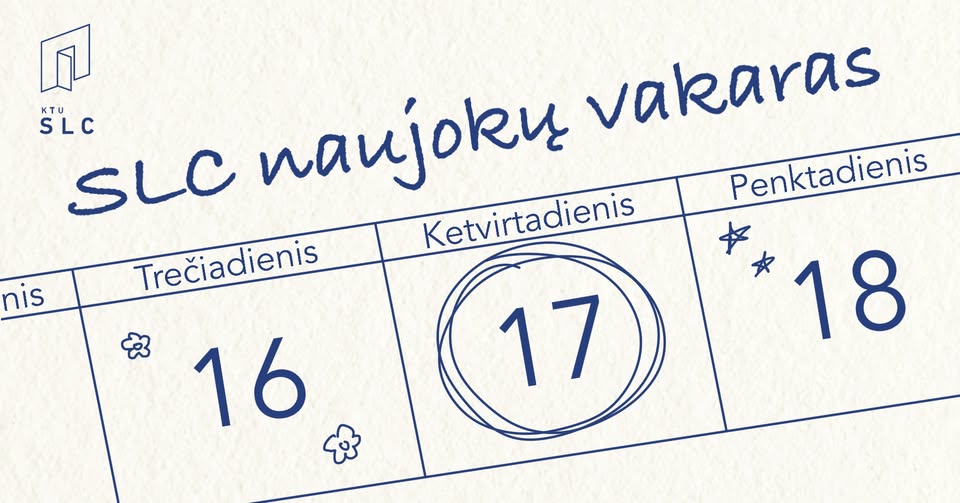 SLC Naujokų Vakaras Kreminės spalvos kalendorius su mėlynu raštu, apvestas skaičius 17